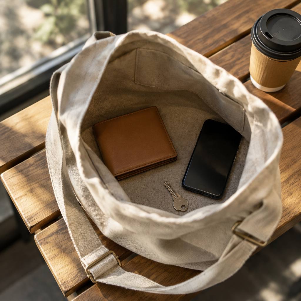 布のバッグに入った薄い革財布とスマートフォンと鍵
