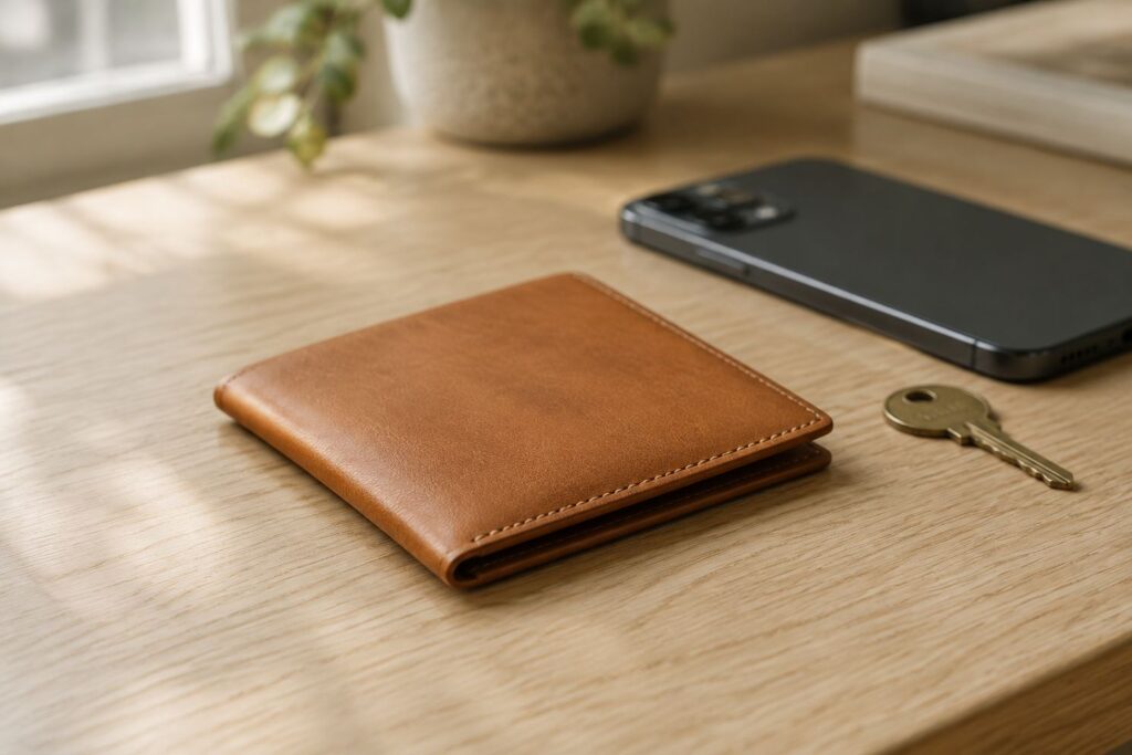 木のテーブルに置いたキャメルの小さく薄い革財布とスマートフォン