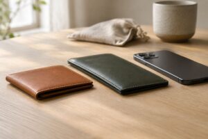 木のテーブルに置いたキャメルの薄い二つ折り財布と深緑の薄い長財布