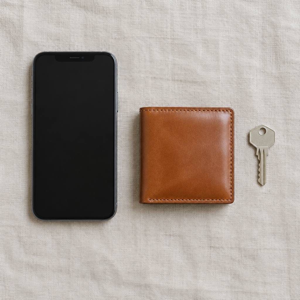 スマホと鍵と並べたキャメルのコードバンの小さな財布