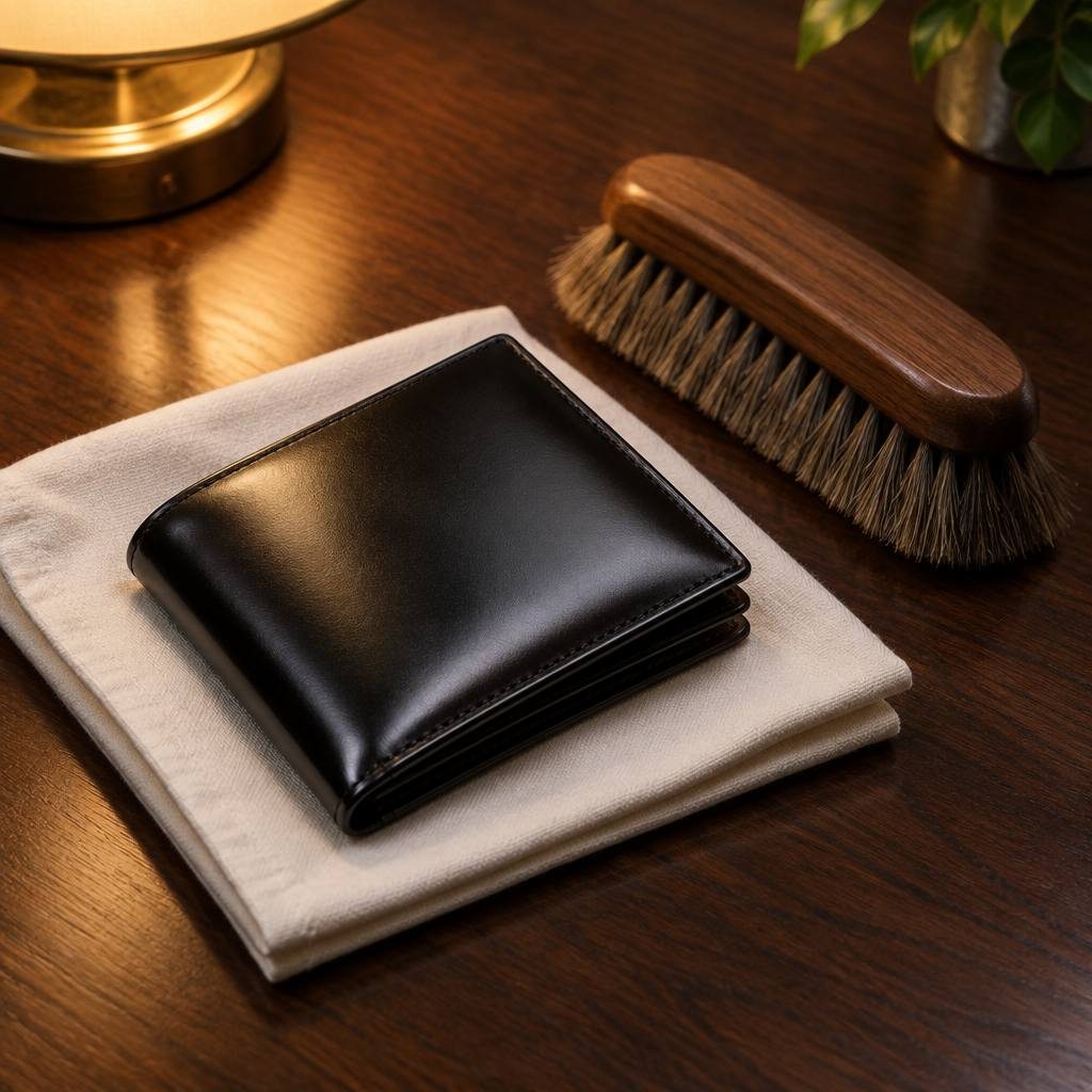 白い布と馬毛ブラシの上の黒いコードバンの小さな財布